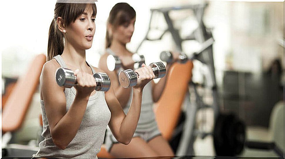 Bicep curls to strengthen the arms.