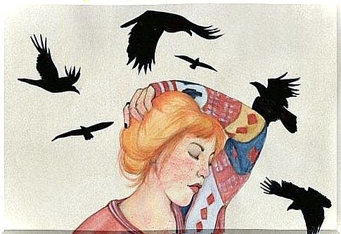 illustration - woman with black crows above her head 